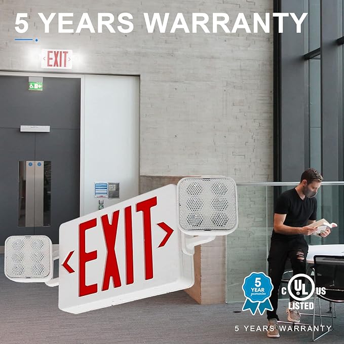 LED Exit Signs with Emergency Lights, Red LED Two Adjustable Head Emergency Exit Light with Backup Battery, AC 120V/277V, ABS Fire Resistant, UL Listed (1Pack)