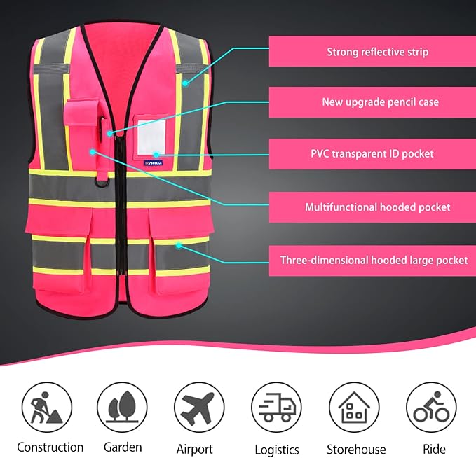 AYKRM Security Vest for Men Women 7 Pockets High Visibility Reflective Safety Vest Front Zipper Meets ANSI/ISEA