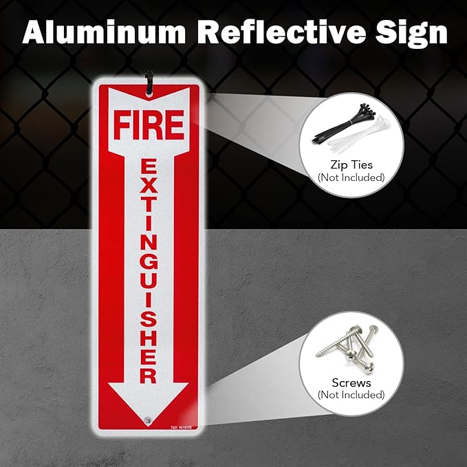 T&R Metal Fire Extinguisher Sign - 12 Pack - 12"x4" .040 Rust Free Heavy Aluminum, Reflective, Waterproof, Weatherproof and Fade Resistant, 2 pre-drilled holes, Easy to Install Indoors and Outdoors