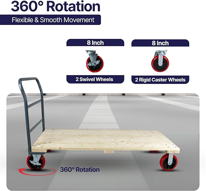 Heavy Duty Hardwood Flatbed Platform Cart – 60” x 30” Industrial Dolly Hand Push Truck with 3000Lb Capacity, 8'' Swivel Locking Wheels – Super Heavy Duty Commercial Moving