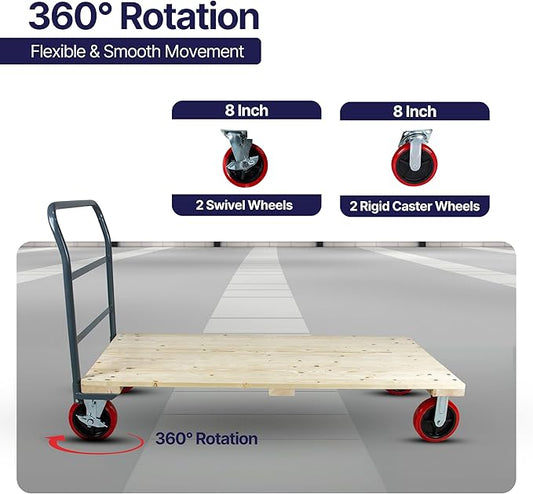 Heavy Duty Hardwood Flatbed Platform Cart – 60” x 30” Industrial Dolly Hand Push Truck with 3000Lb Capacity, 8'' Swivel Locking Wheels – Super Heavy Duty Commercial Moving