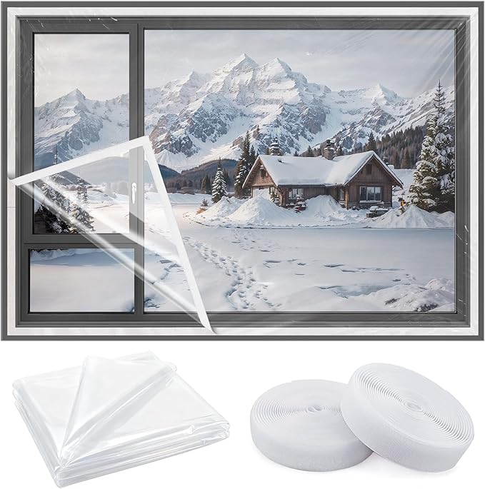 Window Insulation Kit for Winter 87 in x 10 ft Cuttable Transparent Plastic Film with Adhesive Tape Reusable Winterizing Cover for Thermal Insulation Easy to Install & Remove