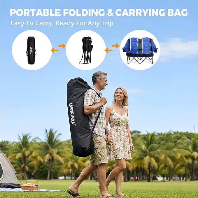 Oversized Double Camping Chair - 2 Person Portable Folding Outdoor Loveseat Heavy Duty Lawn Chairs for Adults with Padded Cushion & Dual Cup Holders, Supports 660LBS for Camping，Sports，Picnic