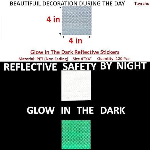 Glow in The Dark Reflective Stickers 4 inch X 4 inch for Car, High Visibility Warning Safety Reflective Strips (120 Pcs)
