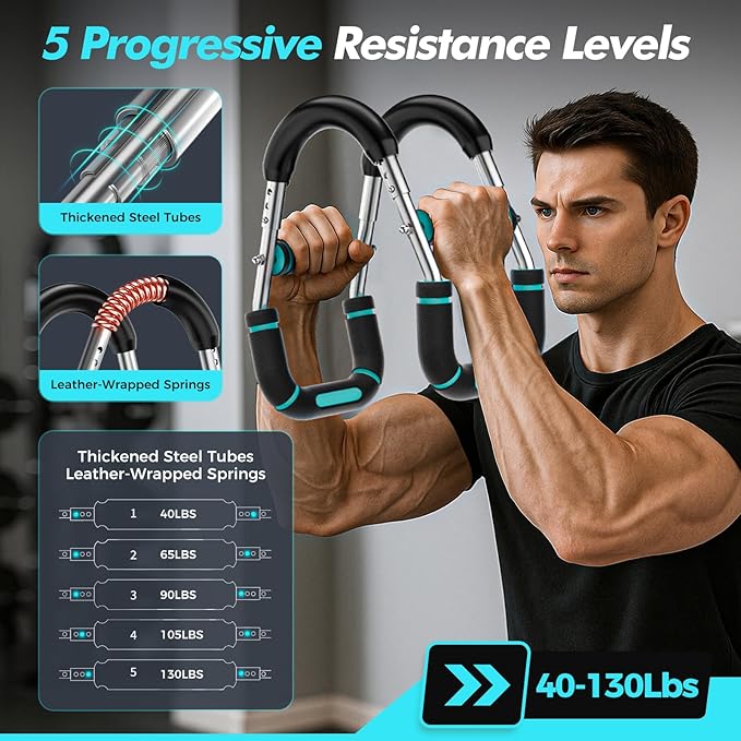 Twister Arm Trainer, Adjustable 5 Resistance Levels (40-130 lbs) Chest & Arm Workout Equipment for Men & Women, Ergonomic Home Gym Strength Trainer with Anti-Slip Handles & Carry Bag