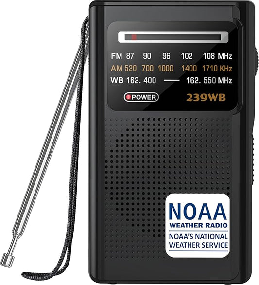 Greadio NOAA Weather Radio, Stereo Earphone Jack,AM/FM Battery Operated Transistor Portable Radio with Best Reception,Powered by 2 AA Battery for Emergency,Hurricane,Running, Walking,Home(Black)
