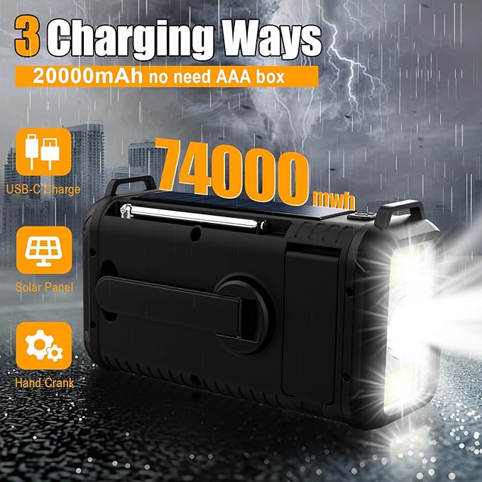Emergency Radio, 20000mah NOAA AM FM Weather Radio, Solar Hand Crank Portable Radios, Battery Operated, SOS Alarm, Reading Lamp& Flashlight for Hurricane Emergencies Survival (Black)