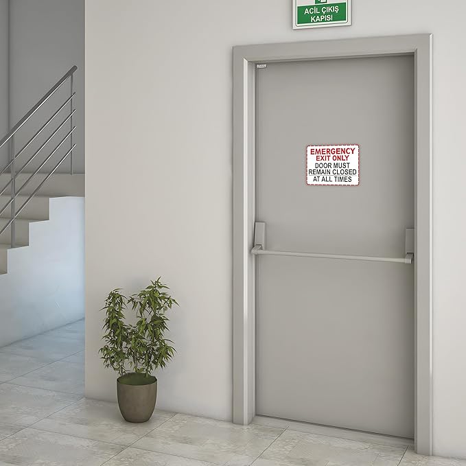 Emergency Exit Only Signs Sticker，Self Adhesive UV, Weather, Scratch, Water & Fade Resistant Door Must Remain Closed At All Times sign for Business, Schools, Offices, Storage Rooms, Hospitals