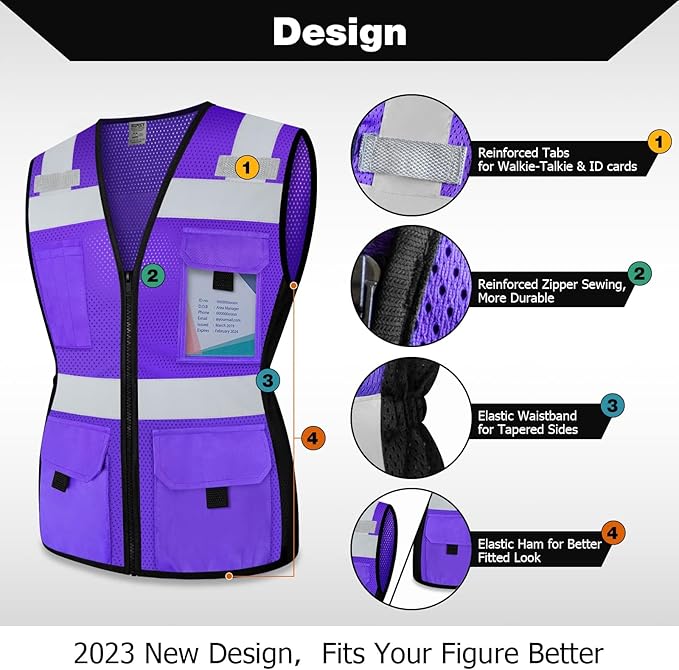 TCCFCCT Safety Vest for Women 11 Pockets Mesh Reflective Vest with Zipper, High Visibility Neon Construction Work Vest for Lady Surveyors/Warehouse, Snug-Fit, Durable, ANSI Compliant, Purple XXL