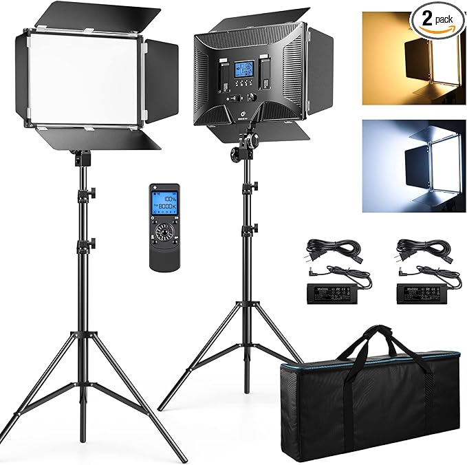 D50 Photography Lighting with Barn Door, 2-Pack 15.4" LED Video Light with Remote, 45W 3000K-8000K Dimmable Bi-Color Panel Light for Live Streaming/Wedding Shooting/Video Recording/Studio/Film