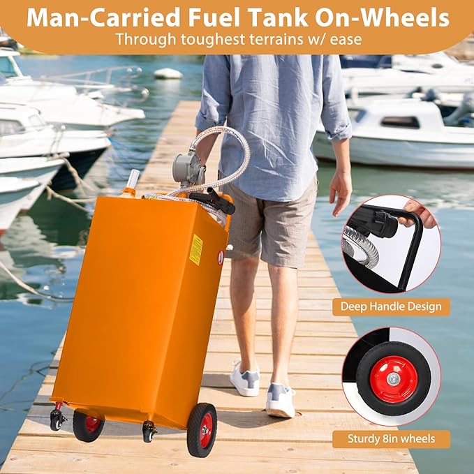 Upgraded 35 Gallon Fuel Caddy, Manual Hand Pump & Easy-Roll Wheels, Heavy-Duty UV-Resistant Steel Tank for Gas & Diesel, Portable Fuel Storage for Tractors, Mowers, Boats