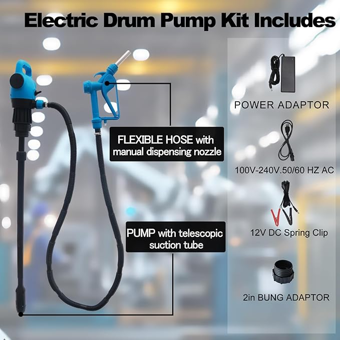 120V AC / 12V DC Electric Drum Pump, 55 Gallon Barrel Fuel Pumps with 2-Inch Bung Adapter with Supply 34 in-49 inTelescoping Suction Tube 5 GPM Flow Rate for DEF, Diesel, Water, Antifreeze