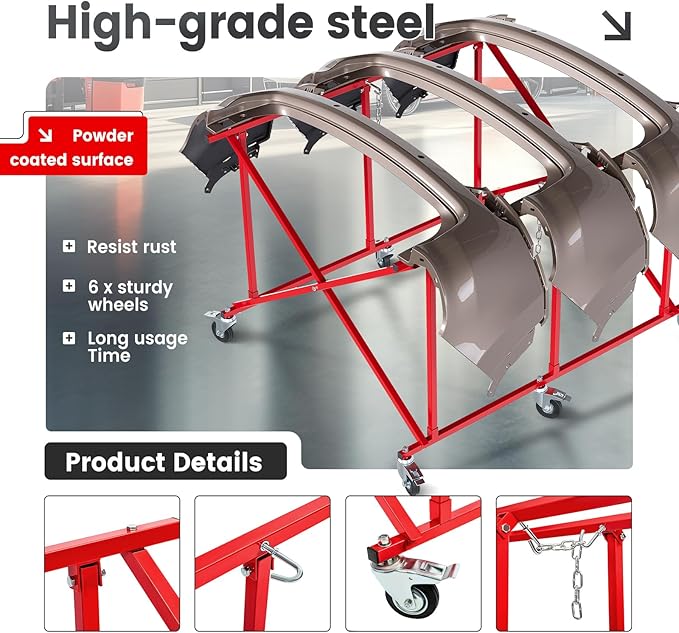 Folding Pickup Bed Dolly- Easily Fold Large Auto Body Truck Bed Cart 800 lbs, Truck Bed Dolly Lifter Automotive Body Cart Pick Up Bed Stand W/Casters Steel Powder Coated Red