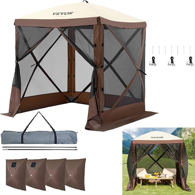 VEVOR Pop Up Gazebo Tent, Pop-Up Screen Tents 4 Sided Canopy Sun Shelter with 4 Removable Privacy Wind Cloths & Mesh Windows, 6x6FT Quick Set Screen Tent with Mosquito Netting, Brown