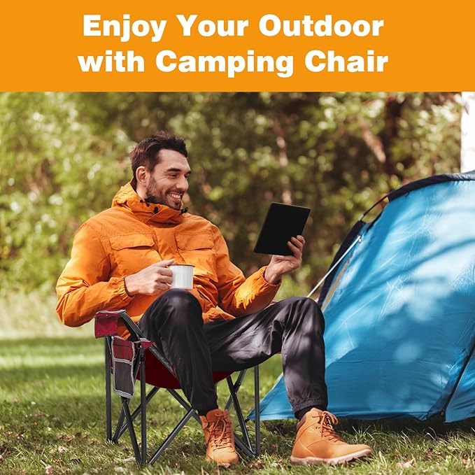 2PCS Folding Camping Chair Portable Outdoor Heavy Duty Padded Chairs Lawn Chair with Cup Holder, Storage Pocket and Cooler Bag, Supports 450LBS Red