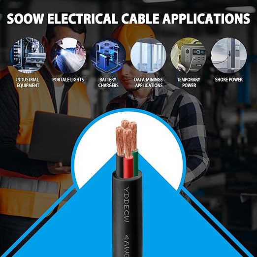 50ft 4/4 4 AWG Portable Power Cable (4 Conductor) - SOOW 600V 4 Gauge Electric Wire for Motor Leads, Portable Lights, Battery Chargers and Machinery - 4 Conductor - 50 Feet Electrical Cord