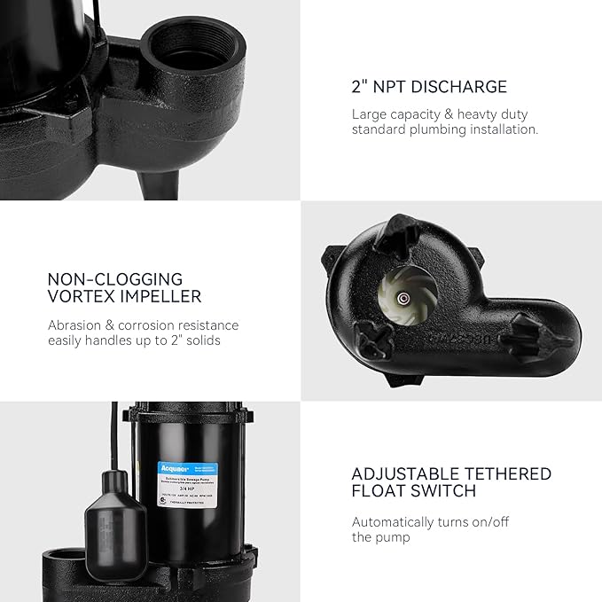 Acquaer 3/4HP Submersible Sewage Effluent Pump, Cast Iron, 115V 6400 GPH Automatic Tethered Float Switch, Sump Pump for Sump Basin, Basement, Residential Sewage, 2'' NPT Discharge