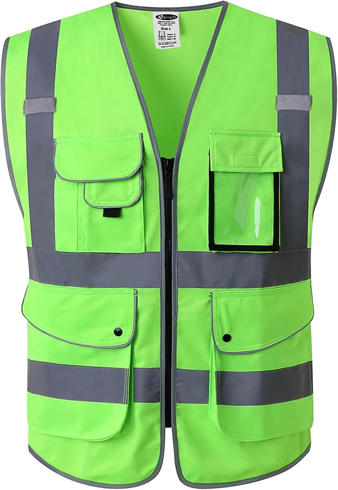 JKSafety 9 Pockets Class 2 High Visibility Zipper Front Safety Vest With Reflective Strips, Meets ANSI/ISEA Standards (Large, 150-Green)