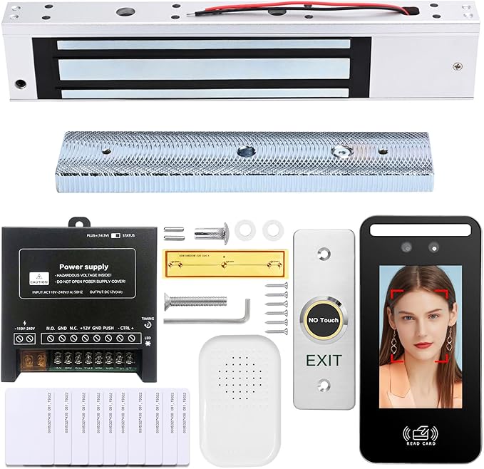 Facial Recognition Access Control System Kit w/5" Screen & 1.3MP Camera, 600lbs Magnetic Lock, Keypad/RFID Entry, AC110V-DC12V Power & Infrared Switch for Home/Business (J60-600LBS Face ID Kit)