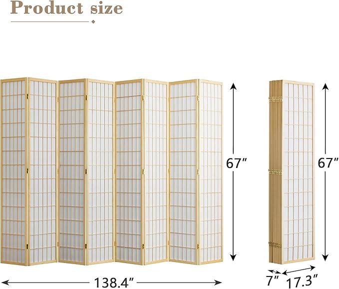 WelFurGeer 8 Panel Room Divider, Folding Privacy Shoji Screens, Room Partitions and Dividers, Decorative Room Dividers, Wall Dividers for Room Separation, Japanese Wood Room Divider for Home (Natural)