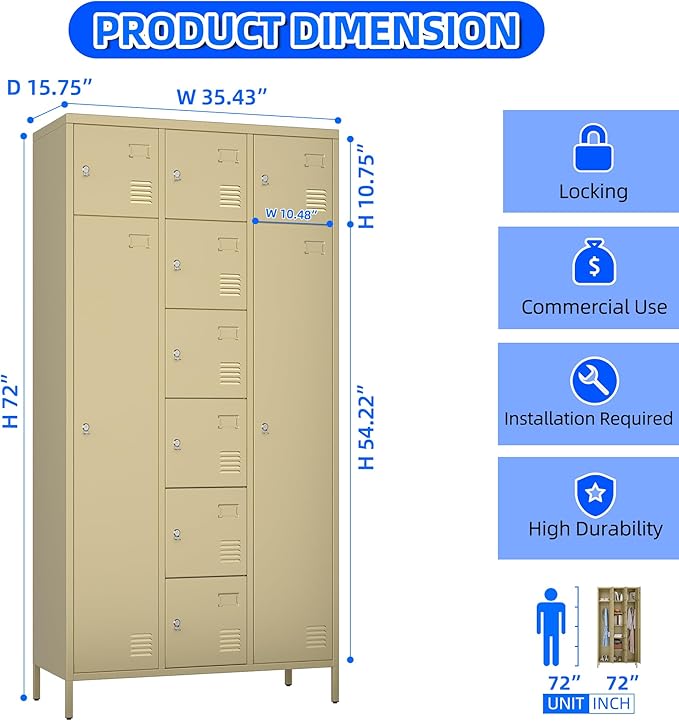 Metal Lockers for Employees with 10 Doors, 72" H Steel Lockable Storage Lockers with 6 Hooks and 10 Card Holder for Office, Home, Gym, School, Employees, Camel