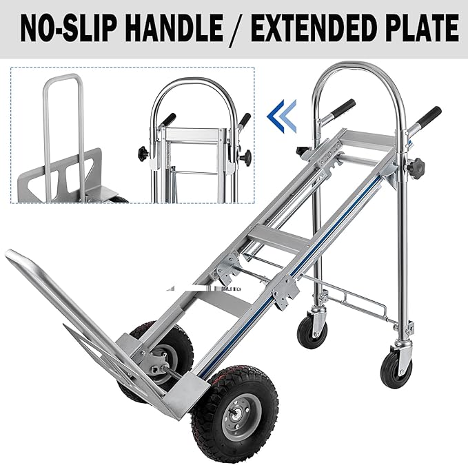 3in1 Aluminum Hand Truck,Convertible Hand Truck Dolly Large Size 1000 lb Capacity, Utility Cart Converts from Hand Truck to Platform Cart with 10" Hi Tech Rubber Wheels