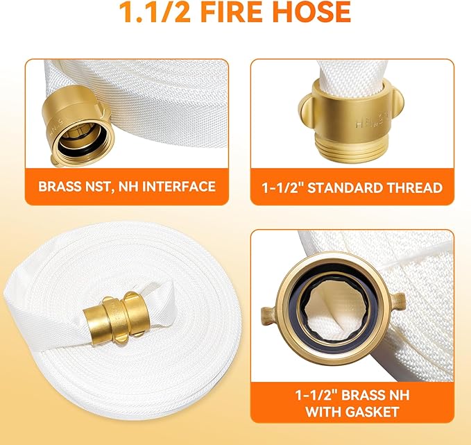 Fire Hose 75 FT x 1-1/2" ID, M × F NST/NH Brass Couplings, Single Jacket TPU, Working Pressure 250 PSI, Burst Pressure 750 PSI, Indoor Fire, Home, Garden Fire Hose Irrigation