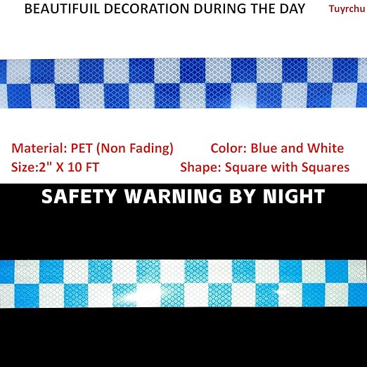 Blue White Reflective Tape 2 inch Wide for Cars, Outdoor Waterproof High Visibility Safety Warning Adhesive Strips (10 feet)