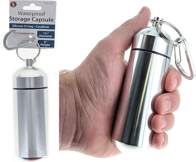 SE 5-Inch Large Waterproof Aluminum Storage Container + Carabiner - Outdoor Survival Gear -PH512
