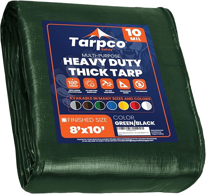 Tarpco Safety Heavy Duty 10 Mil Tarp Cover, Waterproof, UV Resistant, Rip and Tear Proof, Poly Tarpaulin with Reinforced Edges for Camping, Roof, Patio, Pool, Boat. (Green/Black 8′ X 10′)
