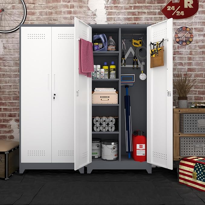 Metal Garage Storage Cabinets,Garage Tool Storage Cabinets with Lock,Locking Cabinet with Hanging Rod & S-Hooks for School,Gym,Grey-White