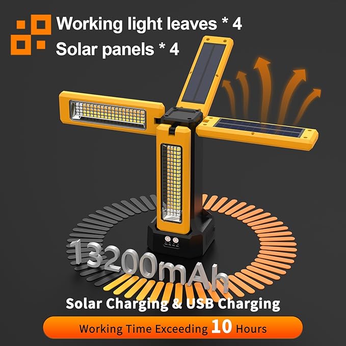 13200mAh Rechargeable Solar Work Light with Folding Stand and Carrying Bag, AODOO 8000 Lumen Stepless Dimmable , White/Warm/Nature White/RED(SOS) with Detachable Tripod (Orange(Tripod with Pulley))