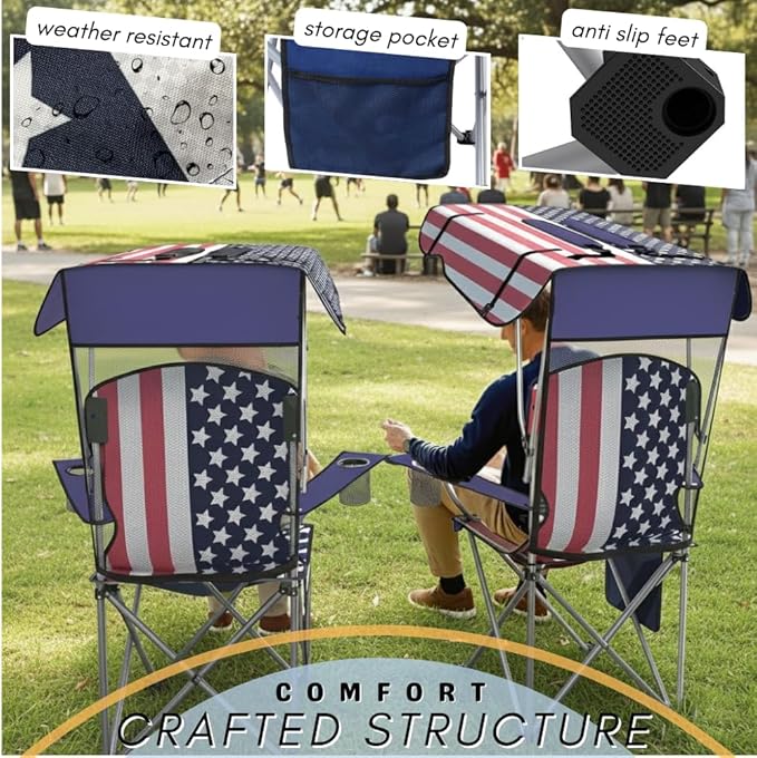 Portable Folding Camping Chairs with Canopy Shade, Beach Chair for Adults, Durable Weather Resistant 600D Oxford Cloth, Camping Chair with Canopy for Outdoors [Flag]
