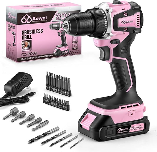 20V Brushless Cordless Lithium-Ion Drill Set, Compact Design, Pink Rechargeable Lithium-Ion Drill Kit, including 2.0Ah Battery, Charger and 3/8-inch Keyless Chuck (Pink)