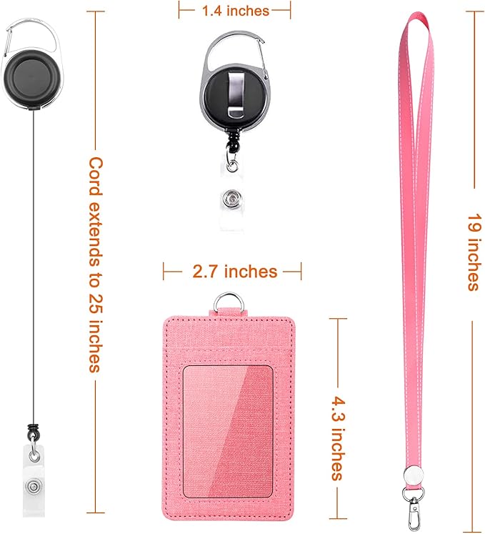 Life-Mate Badge Holder - Leather ID Badge Card Holder Wallet Case with 3 Cards Slot and Neck Lanyard/Strap. Additional Retractable Badge Reel with Belt Clip (Pink)