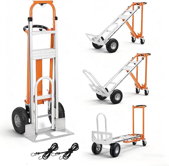 Aluminum 4 in 1 Convertible Hand Truck Dolly, 1000Lbs Capacity, Heavy Duty Folding Hand Truck Dolly Cart with Wheels 10" Solid, 2 Safety Strap, Hand Trucks for Logistics, Moving Home, Shopping, Office