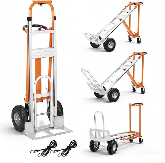 Aluminum 4 in 1 Convertible Hand Truck Dolly, 1000Lbs Capacity, Heavy Duty Folding Hand Truck Dolly Cart with Wheels 10" Solid, 2 Safety Strap, Hand Trucks for Logistics, Moving Home, Shopping, Office