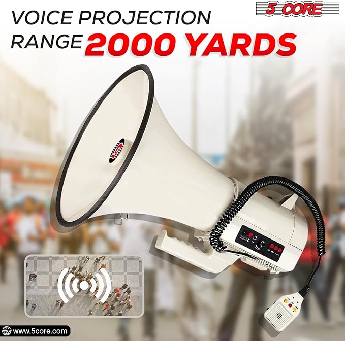 5 CORE Megaphone 100W Bull Horn Professional PA Speaker w 2000 Yards Long Range Loud Siren Voice Amplifier USB/SD/3.5mm Aux Portable Megafono for Emergency Outdoor Sports and Coaches - 4501 USB
