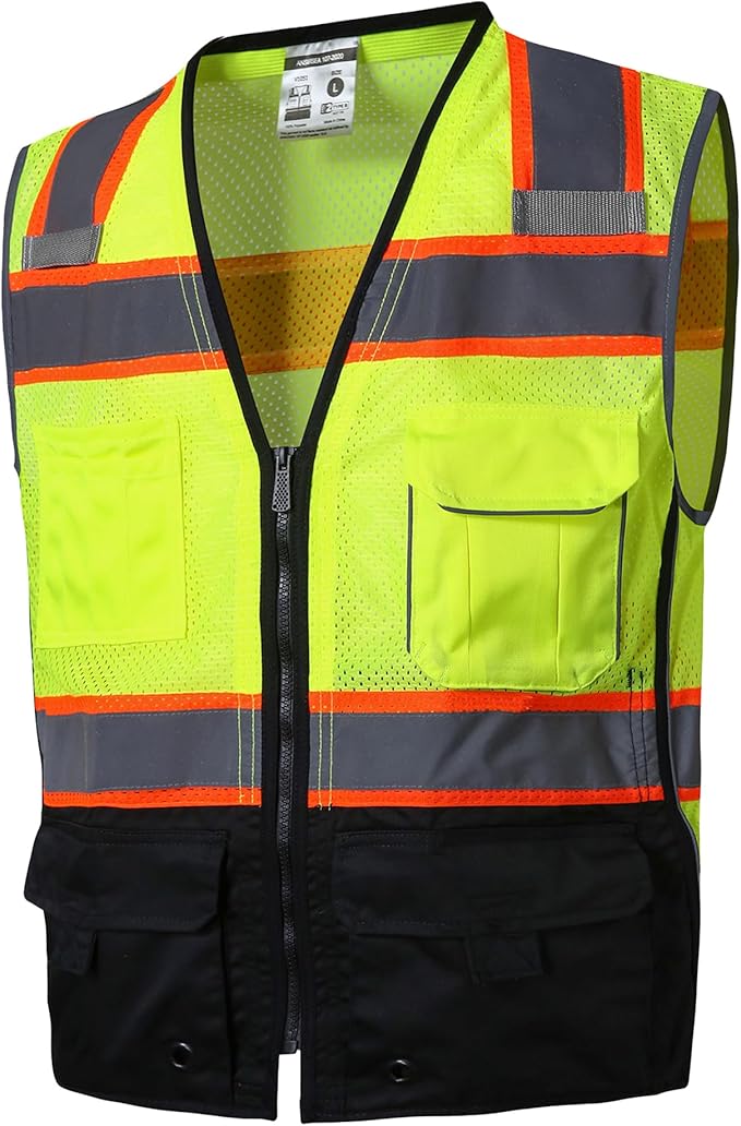 SKSAFETY 10 Pockets Professional level Safety Vest, Class 2 High Visibility Security with Zipper, Hi Vis with Reflective Strips, ANSI/ISEA Standard, Construction Work（Lime Black, 2XL）