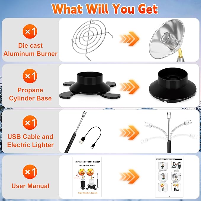 Portable Propane Heater for Camping, Outdoor Small Space Patio Heater with Control Valve, Radiant Cordless Garage Tent Heaters with Foldable Gas Tank Holder for Hiking Ice Fishing Hunting Backyard