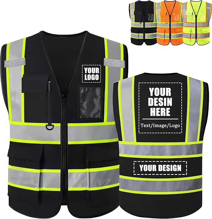 Custom Safety Vest with Logo, High Visibility Reflective Personalized Vest with Pockets and Zipper for Men Women Work