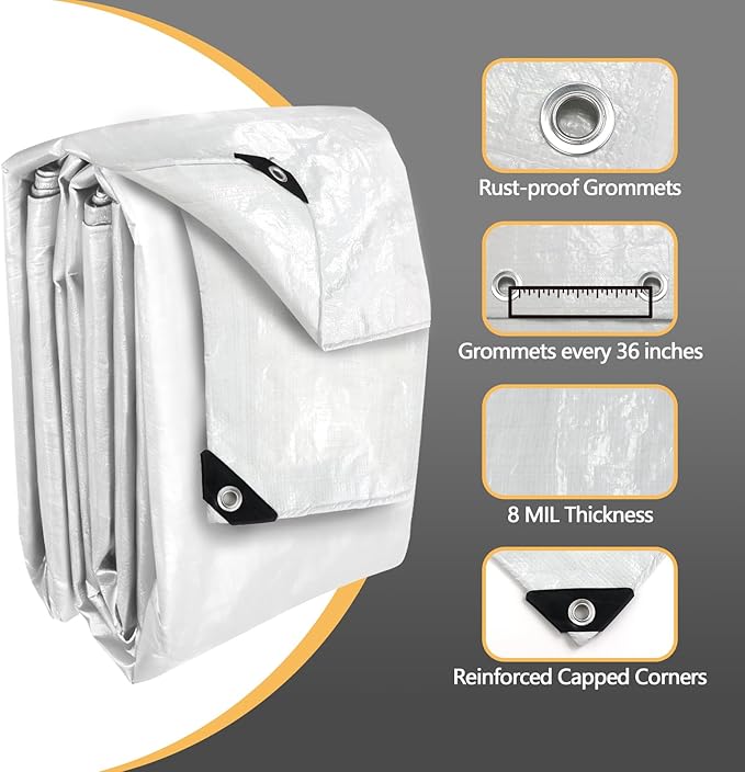 10x20 ft Large Tarps Heavy Duty Waterproof, 8 Mil Thick Durable UV Resistant Multipurpose Cover with Metal Grommets and Reinforced Edges, White Tarp for Pool, Outdoor Furniture, Farm, Boat
