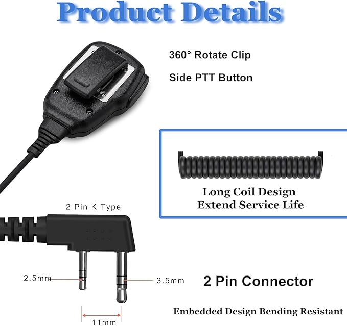 SAMCOM Speaker Mic for Two Way Radios, 2 Pin K Type Walkie Talkies Shoulder Mic with Reinforced Cable, 2-Way Radio Handheld/Wearable Microphone for FPCN30A FPCN10A Radio, 6 Pcs, Black