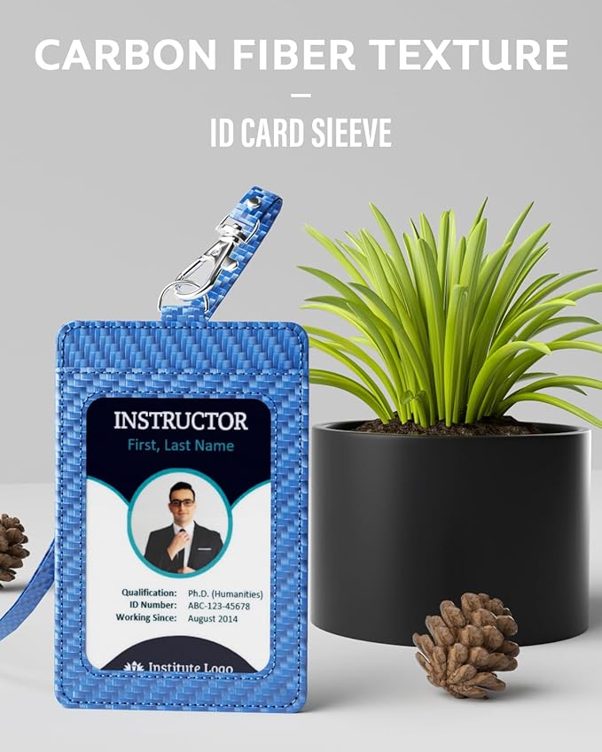 Carbon Fiber Work ID Card Holder with Lanyard is a Stylish and Durable Card Holder with Dual Card Capacity, Clear Display Window and Privacy Back Pocket (Blue)