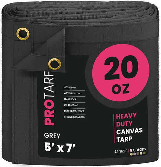 PROTARP Extreme Heavy Duty 20 OZ Water Resistant Canvas Tarp, UV Resistant Tarpaulin Cover with Rustproof Brass Grommets, Multipurpose for Canopy, Roof, Camping, Woodpile (Grey 5'X7')