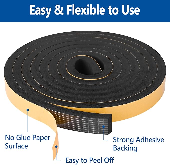 Self Adhesive Foam Tape Weatherstrip 2in x 1/4in x 13Ft High Density Foam Insulation Strips Foam Seal Weather Stripping with Strong Adhesive for Door and Window Sound Isolation Soundproofing