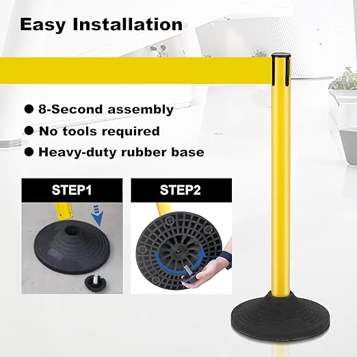 6 Pack Yellow Stanchions with Retractable Belts - Crowd Control Barriers, Heavy Duty Weighted Base for Events, Retail, Queue Lines
