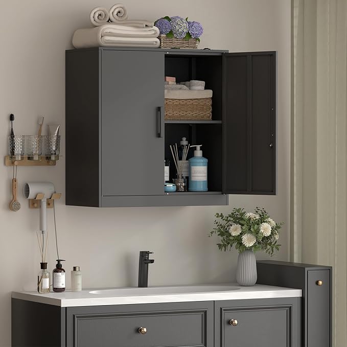 Metal Wall Cabinet,Garage Wall Cabinet with Handle,Lockable Storage Cabinets Wall Mounted with 2 Doors,Locking Cabinet with Shelves for Basement,Living Home,Black