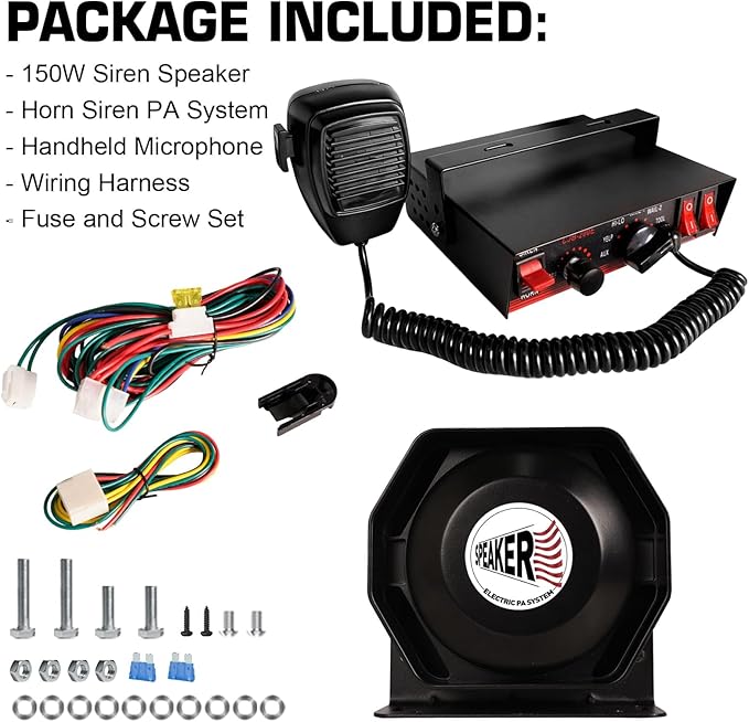150W Emergency Vehicle Siren with PA System - 108-134dB Police/Fire Truck Sirens, Yelp/Wail/Hi-Lo Modes, IP67 Waterproof, Includes Mic & Speaker for Car PA Systems | Truck pa System kit