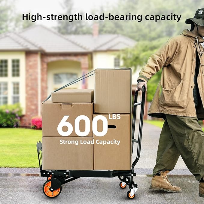 Folding Hand Truck，500lbs Capacity Heavy Duty Carrying Hand Cart，Ironton Steel Hand Truck with 4 Rotate Wheels，for Luggage, Moving, Shopping, Office,Travel Use(Orange)
